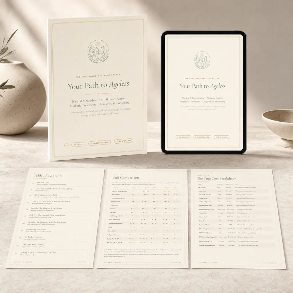 Your Path to Ageless — The Anti-Aging Decision System: hardcover guide and tablet edition, with sample pages showing the Table of Contents, the Evidence Honesty Table and The True Cost Breakdown