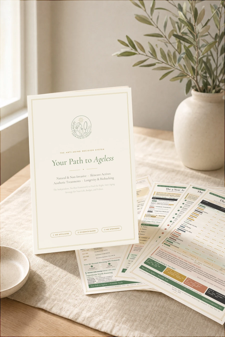 Your Path to Ageless guide with four of its printable tools: the Evidence Honesty Table, Injector Vetting Checklist, 5-Year Cost Calculator and Quick-Win SPF Cheat Sheet